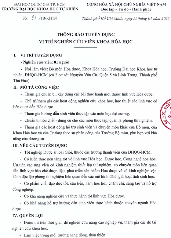 Trường ĐH Khoa học Tự nhiên, ĐHQG – HCM tuyển nghiên cứu viên hóa học