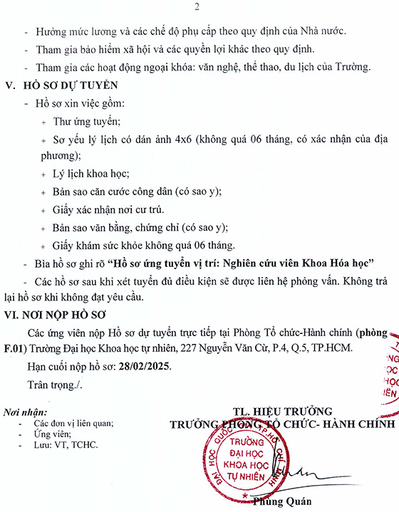 Trường ĐH Khoa học Tự nhiên, ĐHQG – HCM tuyển nghiên cứu viên hóa học