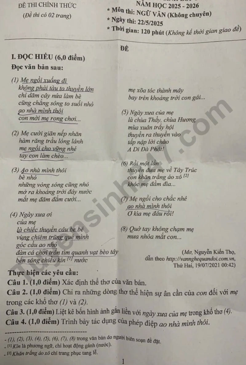 Tỉnh đầu tiên thi lớp 10, đề và đáp án môn ngữ văn