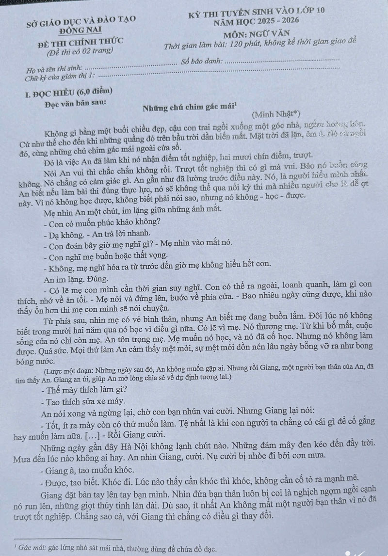 Đề thi chính thức lớp 10 môn Ngữ văn tại Đồng Nai năm 2025