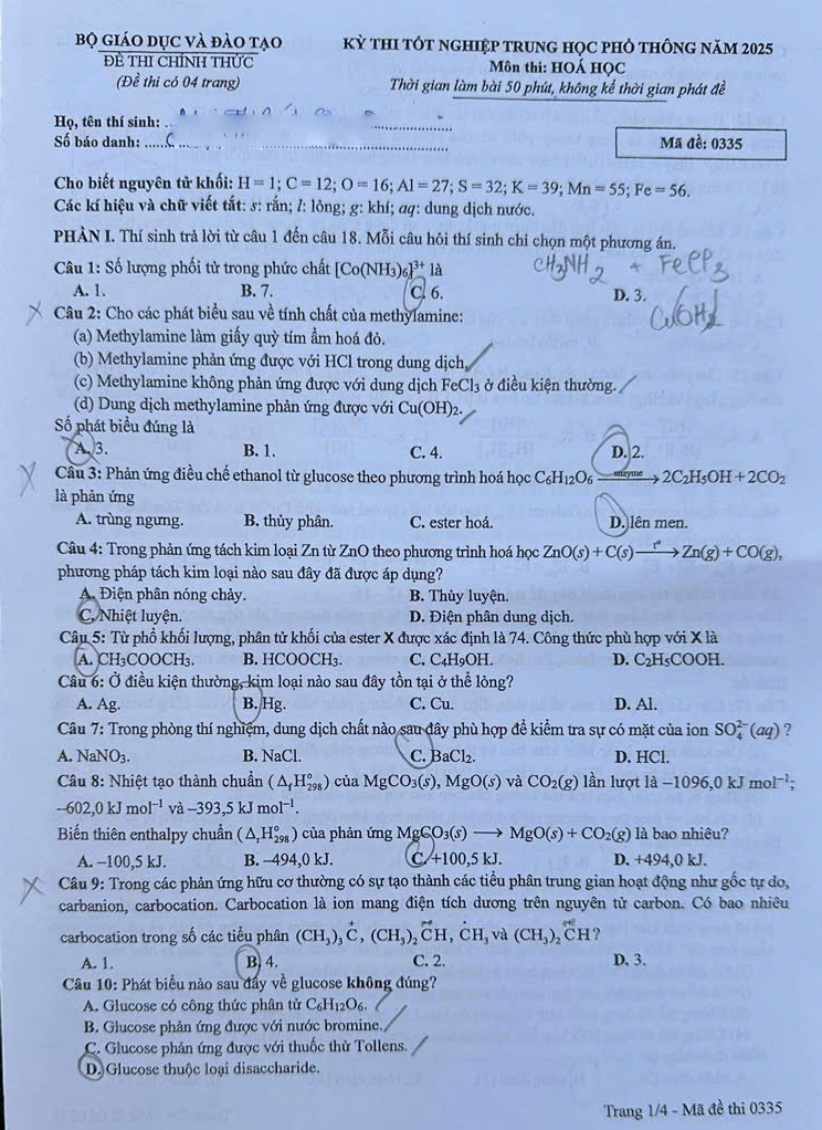 Đề thi và gợi ý đáp án môn Hóa học thi tốt nghiệp THPT năm 2025 chương trình GDTP 2018