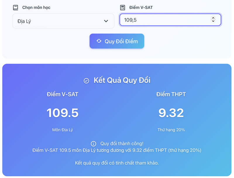 Hai trường đại học cung cấp công cụ quy đổi nhanh điểm V-SAT sang điểm thi tốt nghiệp THPT