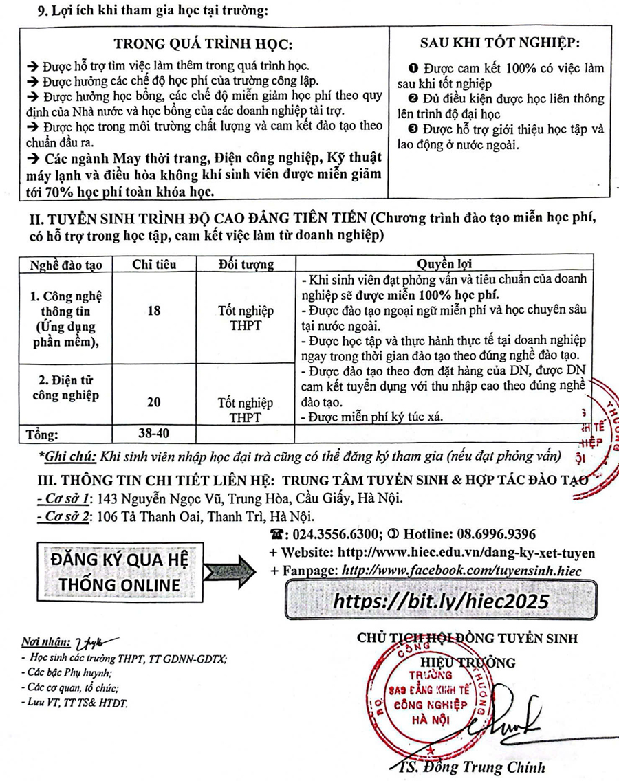 Trường Cao đẳng Kinh tế công nghiệp Hà Nội thông báo tuyển sinh bậc Cao đẳng chính quy năm 2025