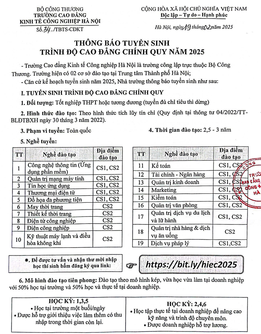 Trường Cao đẳng Kinh tế công nghiệp Hà Nội thông báo tuyển sinh bậc Cao đẳng chính quy năm 2025