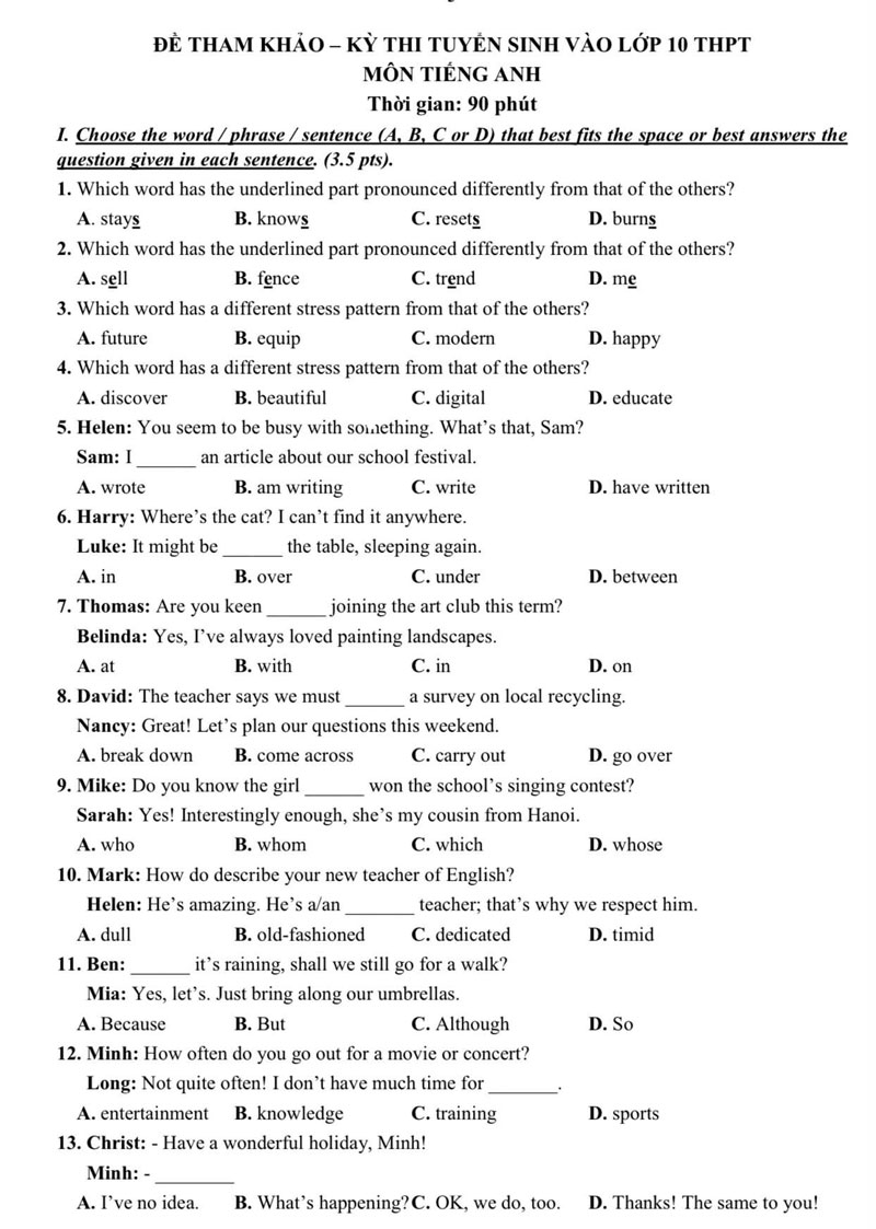 Những đổi mới trong đề thi lớp 10 môn Tiếng Anh TPHCM năm 2026